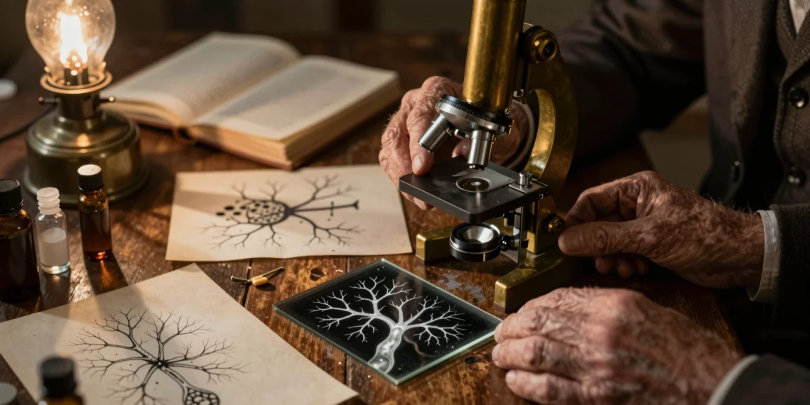 Cajal demostró que el cerebro no era una red continua — y eso cambió para siempre la ciencia del sistema nervioso 1 Manos de científico ajustando microscopio de latón junto a preparaciones con neuronas teñidas en plata y bocetos anatómicos