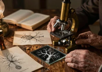 Cajal demostró que el cerebro no era una red continua — y eso cambió para siempre la ciencia del sistema nervioso 1 Manos de científico ajustando microscopio de latón junto a preparaciones con neuronas teñidas en plata y bocetos anatómicos