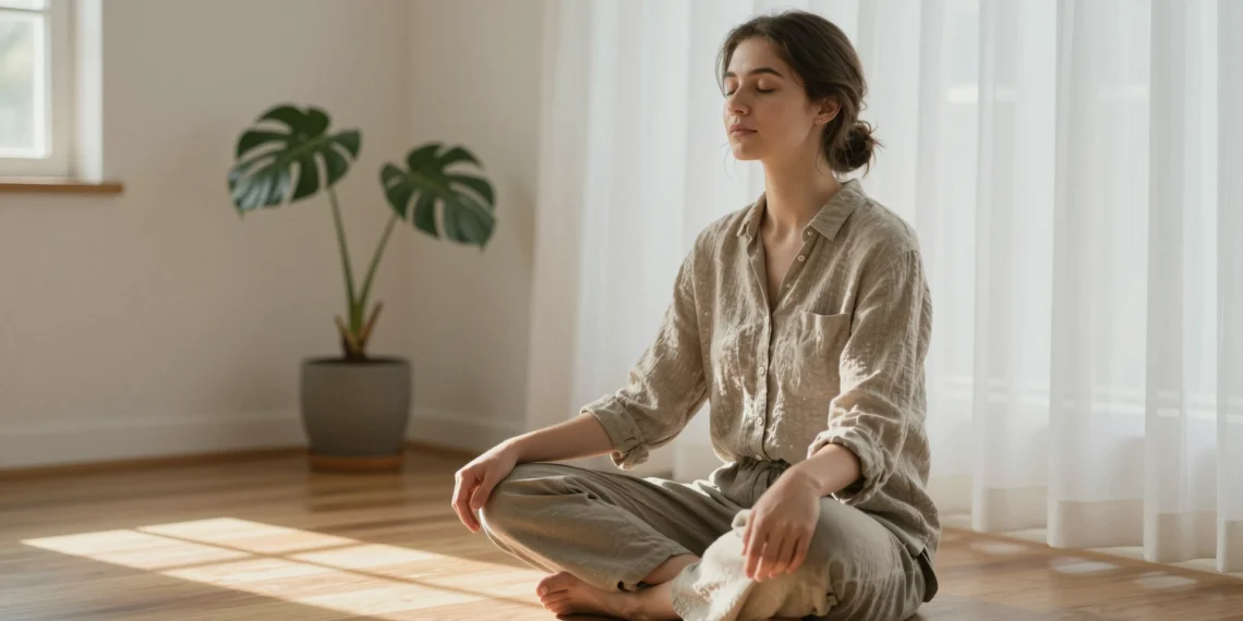 Técnicas de relajación que la psicología recomienda para reducir el estrés sin medicación ni efectos secundarios 1 Mujer joven meditando sentada en el suelo con luz solar, técnica de relajación psicológica para reducir el estrés