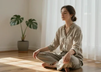 Técnicas de relajación que la psicología recomienda para reducir el estrés sin medicación ni efectos secundarios 9 Mujer joven meditando sentada en el suelo con luz solar, técnica de relajación psicológica para reducir el estrés