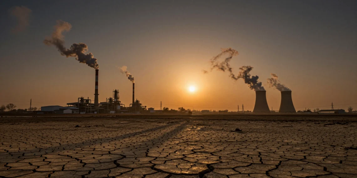 Gases de efecto invernadero: la atmósfera acumula más CO₂ que en cualquier otro momento de los últimos 800.000 años 1 Paisaje industrial al atardecer con chimeneas humeantes y tierra agrietada, símbolo de la crisis climática por CO₂