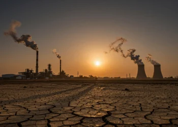 Gases de efecto invernadero: la atmósfera acumula más CO₂ que en cualquier otro momento de los últimos 800.000 años 5 Paisaje industrial al atardecer con chimeneas humeantes y tierra agrietada, símbolo de la crisis climática por CO₂