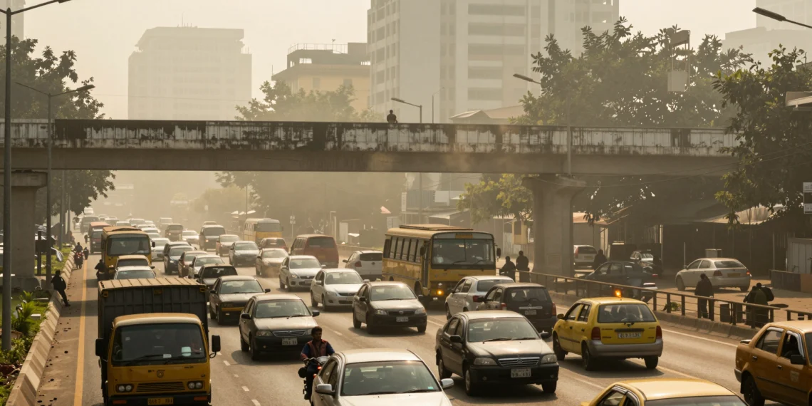Diseñado para Estados Unidos, el modelo de emisiones vehiculares MOVES empieza a cruzar fronteras con enormes dificultades técnicas 1 Autopista urbana congestionada con camiones diésel, motos y autobuses entre espesa capa de smog amarillento en megaciudad