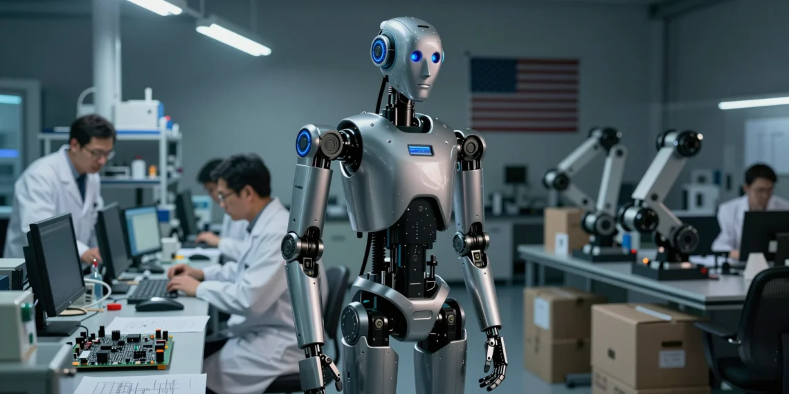 Proteccionismo de Trump llega a la robótica: la prohibición que podría frenar la investigación estadounidense que pretende impulsar 1 Robot humanoide en laboratorio estadounidense con científicos y cajas de componentes robóticos chinos bajo tensión política