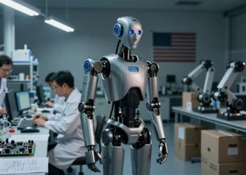 Proteccionismo de Trump llega a la robótica: la prohibición que podría frenar la investigación estadounidense que pretende impulsar 2 Robot humanoide en laboratorio estadounidense con científicos y cajas de componentes robóticos chinos bajo tensión política
