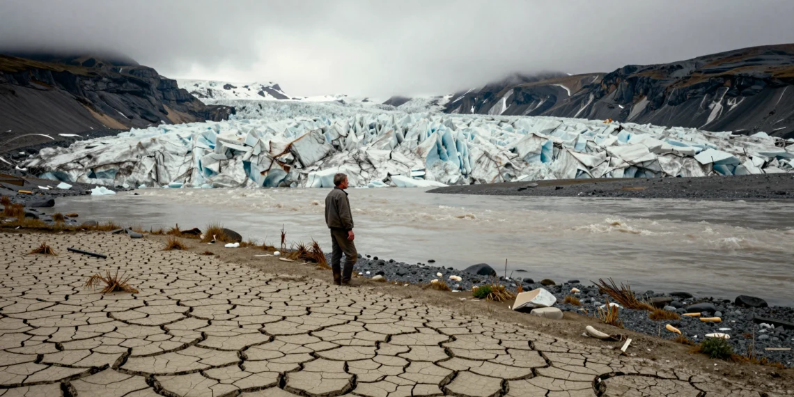 Glaciares que se funden, cosechas que se pierden y enfermedades que avanzan: el calentamiento global reescribe las reglas del planeta 1 Agricultor ante un glaciar en retroceso, campos secos y río desbordado por deshielo en zona de alta montaña