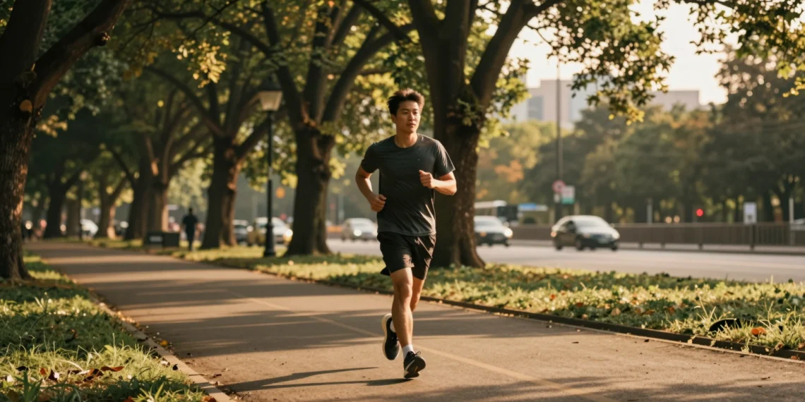 Deporte y salud mental: lo que le ocurre a tu cerebro cuando empiezas a moverte cada día 1 Persona corriendo sola por un sendero de parque urbano al atardecer, rodeada de árboles verdes y luz dorada