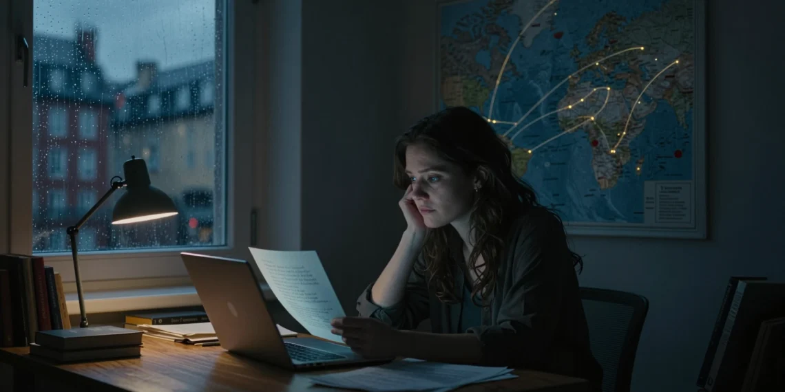 Cables bajo el océano, pulsos de luz y la pregunta que ningún protocolo puede responder: ¿qué perdemos al conectarnos así? 1 Mujer sola ante un portátil azul con mapa de cables submarinos al fondo, simbolizando soledad en la era digital