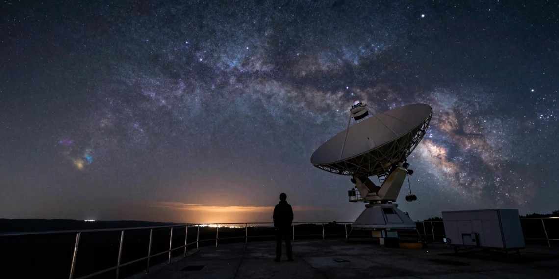 Más allá del arcoíris: el universo emite luz que nuestros ojos nunca podrán ver, y los astrónomos llevan décadas aprovechándola 1 Astrónomo silueteado junto a un radiotelescopio bajo un cielo nocturno con bandas de luz infrarroja y ondas de radio