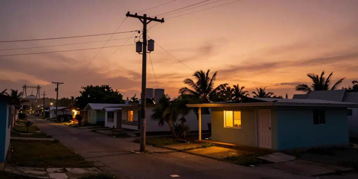 Puerto Rico recibirá 489 millones de dólares para modernizar su red eléctrica y evitar millones de horas de apagones 1 Barrio puertorriqueño al atardecer con postes eléctricos, casas iluminadas y otras a oscuras por apagones