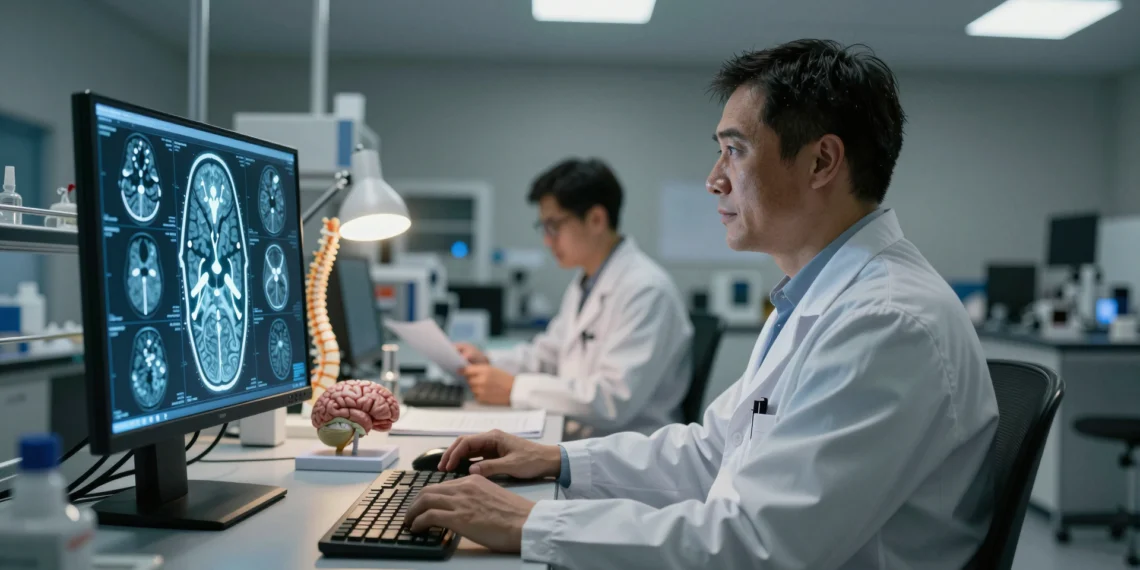 Neurociencias: la disciplina que descifra el cerebro humano y trata desde el Alzheimer hasta la esclerosis múltiple 1 Neurólogo examinando una resonancia magnética cerebral en un laboratorio de neurociencias moderno