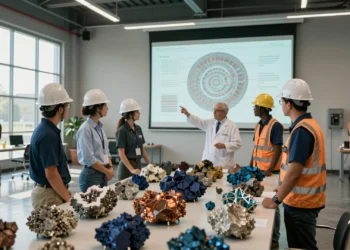 Técnicos con cascos examinan muestras de litio y cobalto en centro de formación industrial financiado por EE. UU.