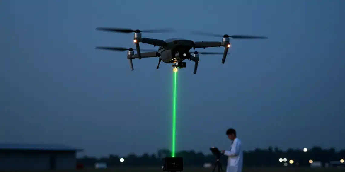 Investigadores chinos logran recargar drones en pleno vuelo con un haz de láser y un receptor del tamaño de una moneda 1 Dron cuadricóptero recargándose en pleno vuelo mediante un haz de láser verde disparado desde una estación terrestre