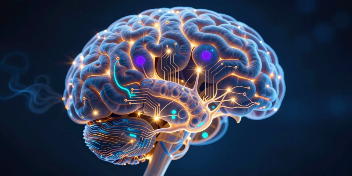 Dentro del cerebro que cambia: la neurociencia revela por qué nuestras emociones, decisiones y hábitos tienen una base biológica concreta 1 Cerebro humano translúcido suspendido en la oscuridad con redes neuronales brillando en azul eléctrico y ámbar dorado