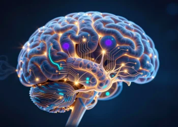 Dentro del cerebro que cambia: la neurociencia revela por qué nuestras emociones, decisiones y hábitos tienen una base biológica concreta 9 Cerebro humano translúcido suspendido en la oscuridad con redes neuronales brillando en azul eléctrico y ámbar dorado