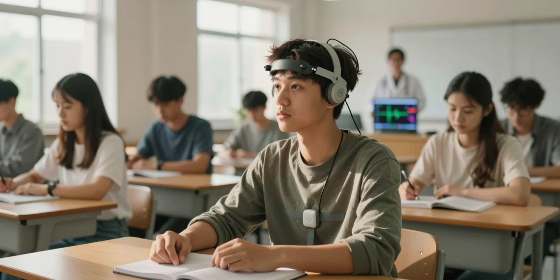 Sensores en el aula, en el campo y en la cabina: así está cambiando la forma de estudiar el cerebro humano 1 Estudiante con casco EEG y sensor biométrico en un aula moderna mientras un investigador monitoriza sus datos cerebrales