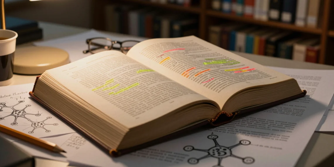 Kandel y la biblia de la neurociencia: el libro de 1700 páginas que sigue definiendo cómo entendemos el cerebro humano 1 Libro de neurociencia de Kandel abierto y anotado en escritorio universitario con luz de lámpara ámbar nocturna