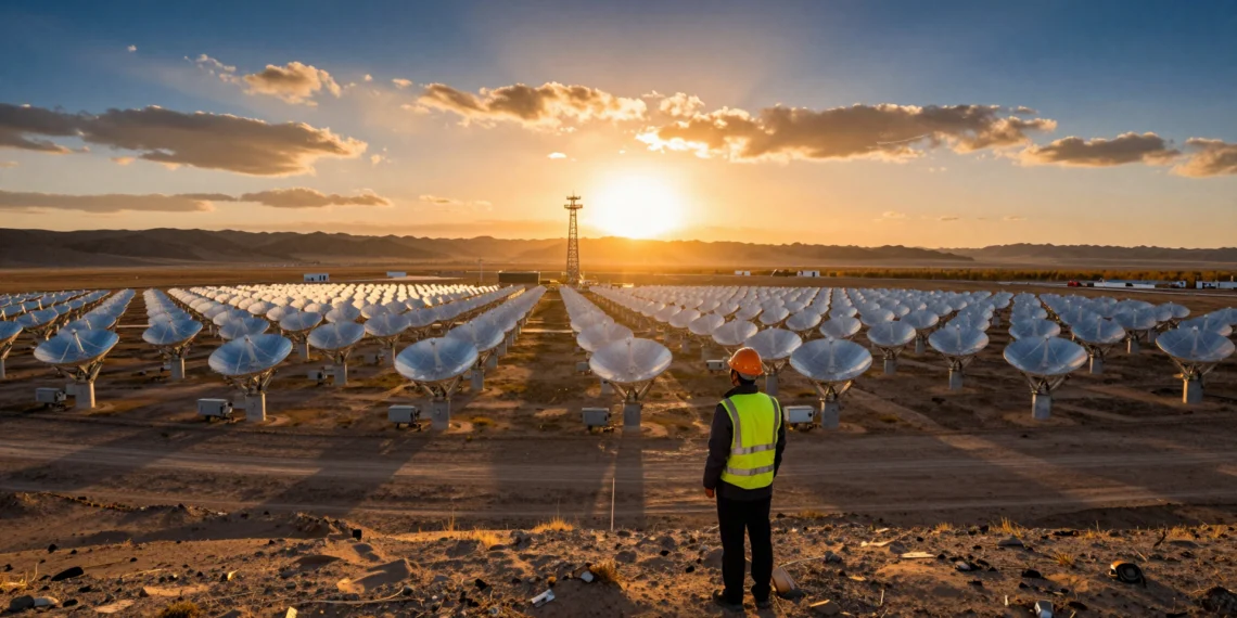 China apuesta por la energía solar de concentración como pilar de su transición energética, con 15 GW instalados en el horizonte de 2030 1 Ingeniero frente a una planta de energía solar de concentración en la meseta de Qinghai, China, al atardecer