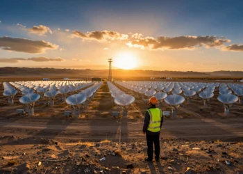 China apuesta por la energía solar de concentración como pilar de su transición energética, con 15 GW instalados en el horizonte de 2030 1 Ingeniero frente a una planta de energía solar de concentración en la meseta de Qinghai, China, al atardecer