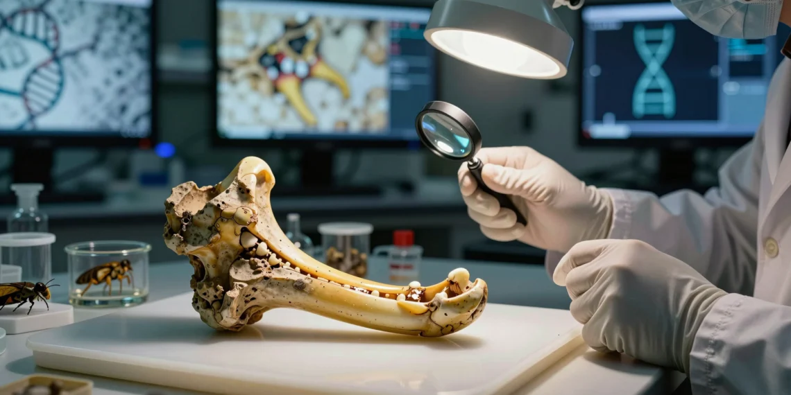 Dientes de 33.000 años y ADN antiguo revelan por qué tantas personas sienten rechazo a comer insectos 1 Dientes fósiles humanos de 33.000 años en bandeja de laboratorio junto a especímenes de insectos en viales de vidrio