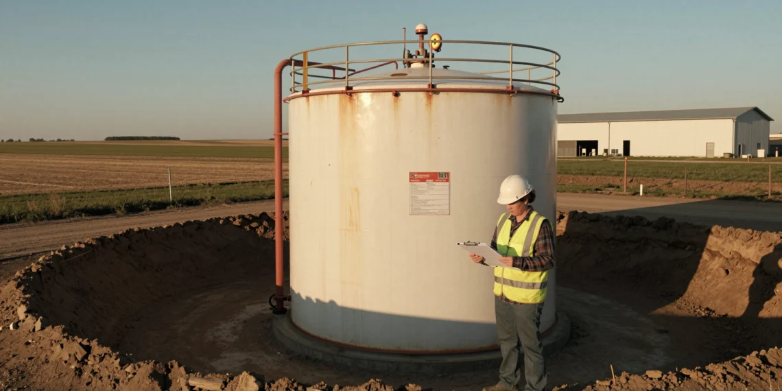 Dos niveles, un mismo reglamento: lo que separa a una instalación Tier I de una Tier II según la normativa SPCC de la EPA 1 Gestora de instalación revisando normativa SPCC junto a un depósito de petróleo en zona rural agrícola de EE. UU.