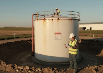 Dos niveles, un mismo reglamento: lo que separa a una instalación Tier I de una Tier II según la normativa SPCC de la EPA 2 Gestora de instalación revisando normativa SPCC junto a un depósito de petróleo en zona rural agrícola de EE. UU.
