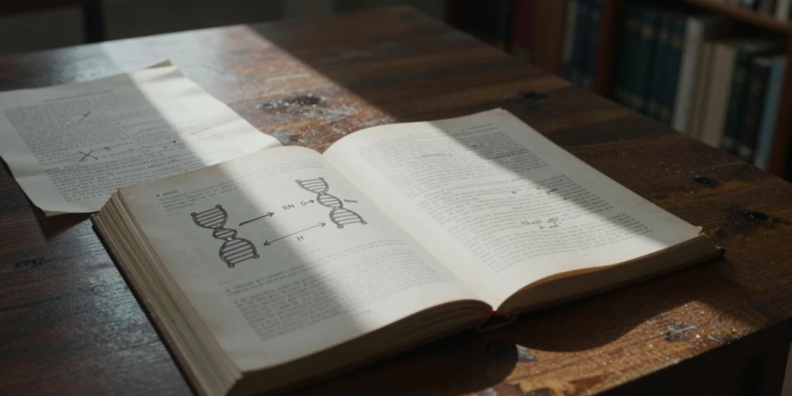 Francis Crick nunca dijo que el ADN manda siempre: la versión del dogma central que aprendiste en clase lleva décadas incompleta 1 Libro de biología molecular abierto junto a manuscrito de Crick con diagrama ADN→ARN→Proteína en mesa universitaria
