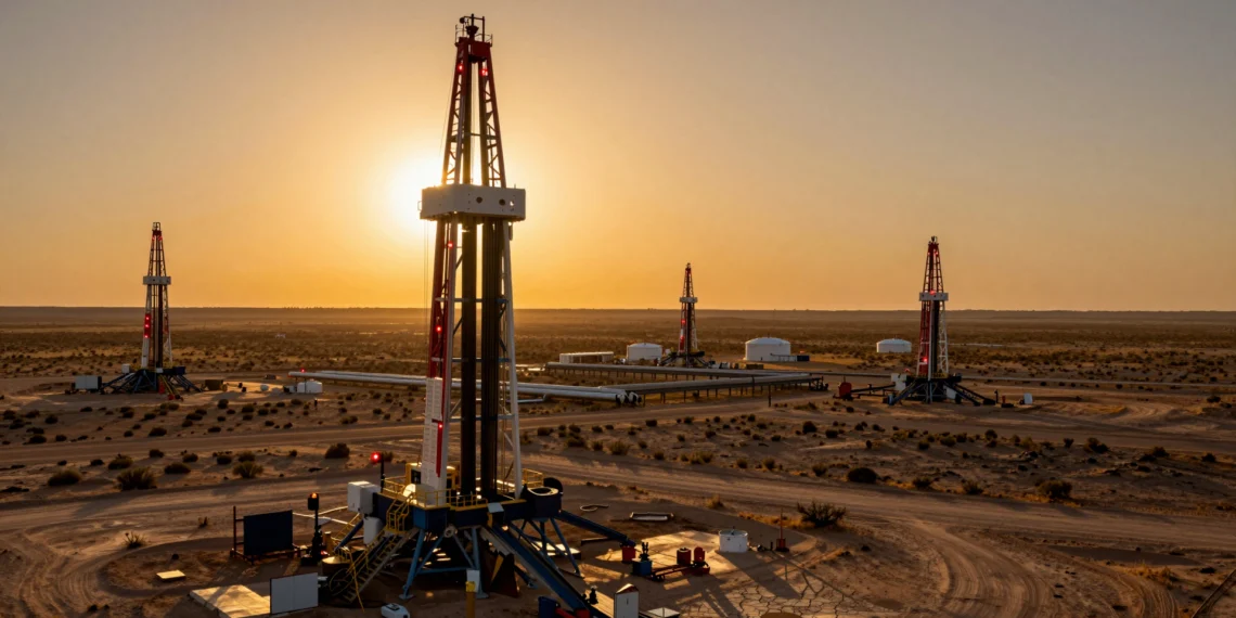 Midland, Texas, epicentro de un auge petrolero sin precedentes que ha convertido a EE. UU. en el mayor productor de energía del mundo 1 Torres de perforación petrolera silueteadas al atardecer en la Cuenca Pérmica de Midland, Texas