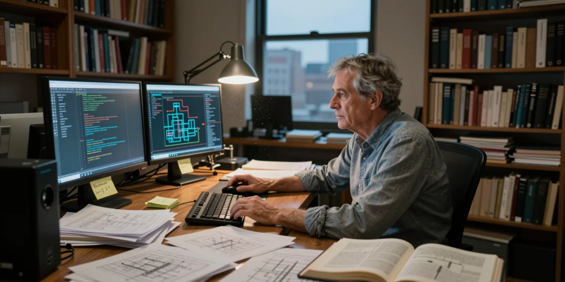 Durante más de veinte años, un experto en riesgos documentó los grandes fallos del software moderno — ahora cierra esa etapa con una máxima que lo resume todo 1 Experto en riesgos de software ante un monitor con código, rodeado de informes técnicos y libros en su despacho