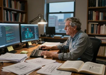Durante más de veinte años, un experto en riesgos documentó los grandes fallos del software moderno — ahora cierra esa etapa con una máxima que lo resume todo 4 Experto en riesgos de software ante un monitor con código, rodeado de informes técnicos y libros en su despacho