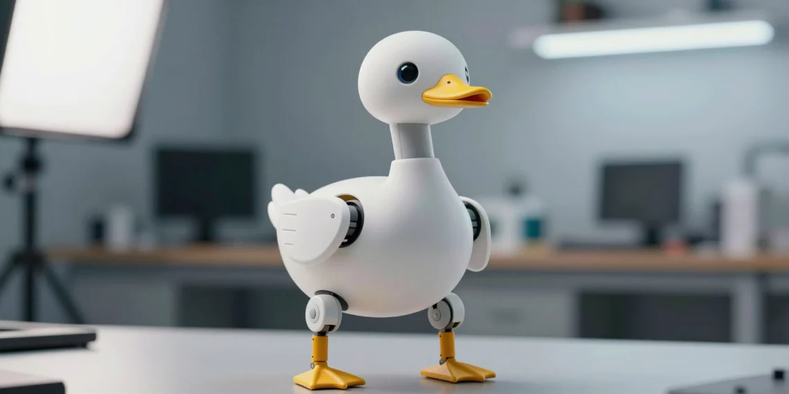 Microduck: el robot de 399 dólares que se levanta solo, patina y aprende trucos nuevos con solo 25 centímetros de altura 1 Robot bípedo Microduck de 25 cm en forma de pato blanco y amarillo caminando sobre superficie gris en laboratorio tecnológico