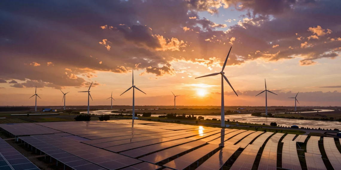 Solar, eólica e hidráulica baten récords históricos mientras el mundo acelera su apuesta por las energías renovables 1 Granja solar, aerogeneradores y río al atardecer, representando el auge global de las energías renovables