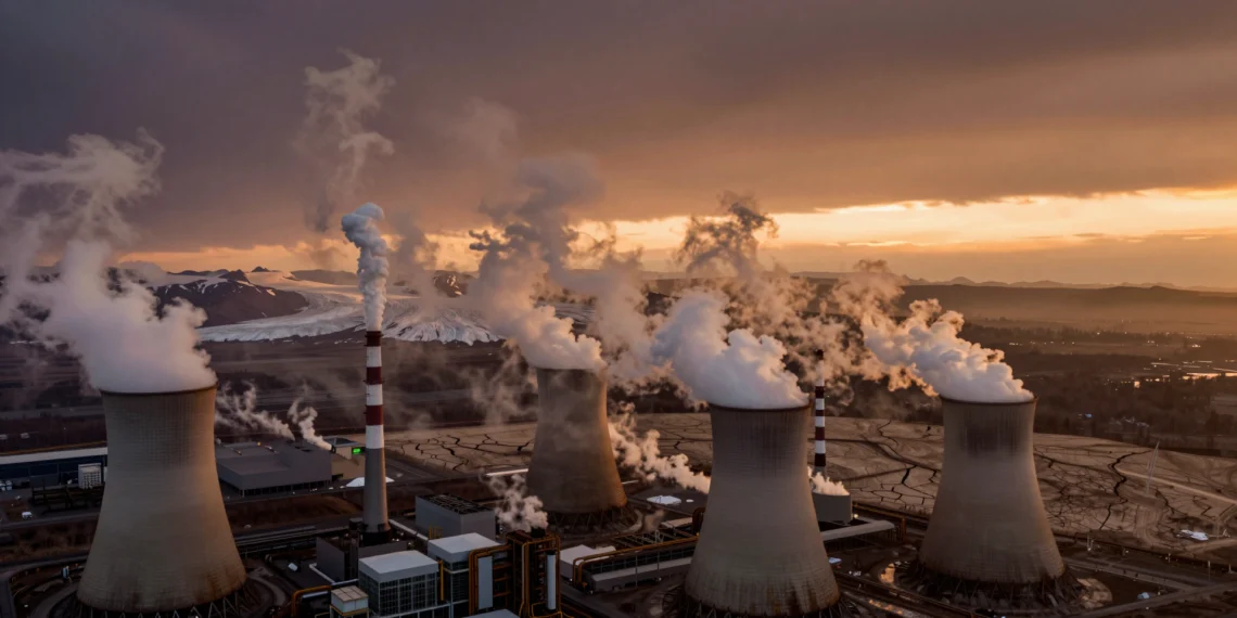 De fenómeno natural a emergencia planetaria: la larga historia del efecto invernadero que cambió el clima de la Tierra 1 Planta de carbón con columnas de humo frente a glaciares en retroceso bajo un cielo ámbar, símbolo del cambio climático