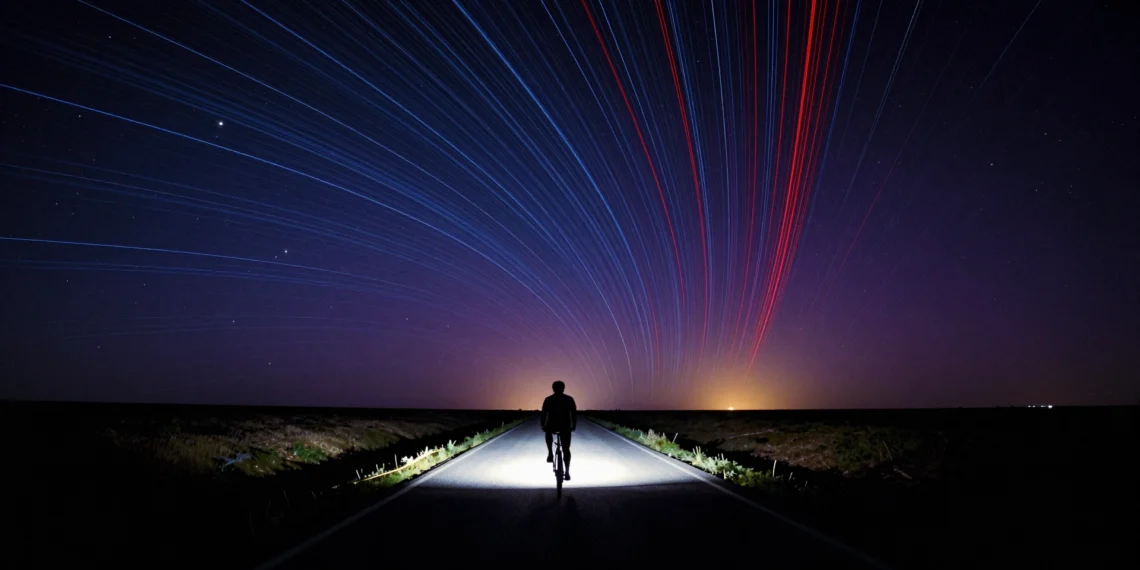 Viajar casi a la velocidad de la luz no te muestra el universo: te lo reescribe por completo 1 Ciclista a velocidad relativista con estrellas distorsionadas en azul y rojo sobre paisaje cósmico