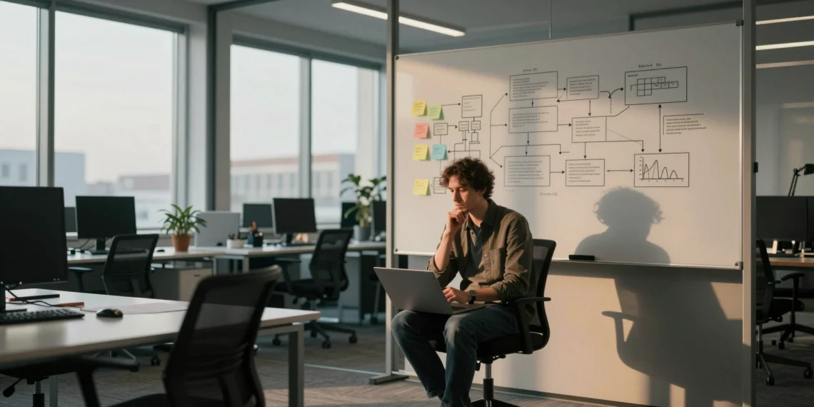 Empresas tecnológicas buscan un perfil que pocos ingenieros saben que necesitan desarrollar 1 Ingeniero de software reflexivo ante una pizarra con diagramas de producto en una oficina tecnológica moderna