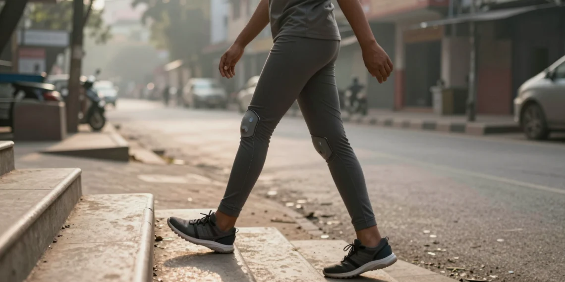 Seis sensores cosidos sobre la ropa rastrean el movimiento humano con más del 99% de precisión y un consumo mínimo de energía 1 Persona con sensores flexibles cosidos en la ropa caminando por una escalera urbana en ciudad india al amanecer