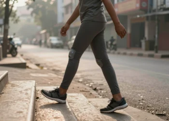 Seis sensores cosidos sobre la ropa rastrean el movimiento humano con más del 99% de precisión y un consumo mínimo de energía 7 Persona con sensores flexibles cosidos en la ropa caminando por una escalera urbana en ciudad india al amanecer