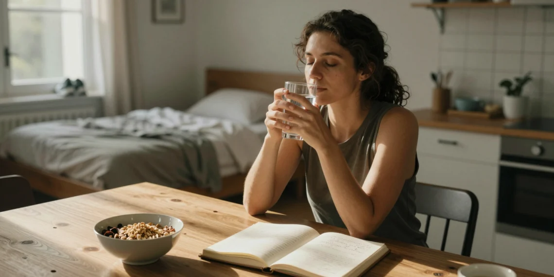Más allá de la dieta y el deporte: los 5 hábitos saludables que la mayoría olvida incorporar a su día a día 1 Mujer mediterránea en cocina luminosa sosteniendo un vaso de agua, con diario, comida saludable y zapatillas al fondo