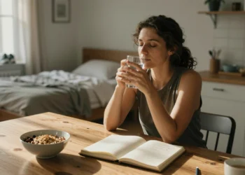 Más allá de la dieta y el deporte: los 5 hábitos saludables que la mayoría olvida incorporar a su día a día 7 Mujer mediterránea en cocina luminosa sosteniendo un vaso de agua, con diario, comida saludable y zapatillas al fondo