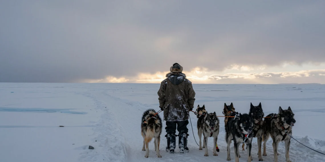 Perros que desobedecen, renos que se niegan a avanzar y ballenas que deciden no llegar: el conocimiento ártico que desafía la autoridad humana 1 Anciano yup'ik de espaldas en la tundra ártica nevada, con sus perros de trineo deteniéndose ante una tormenta inminente.