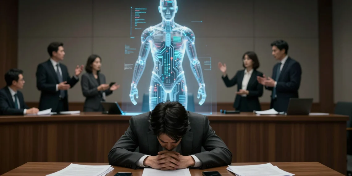 Cuando la IA "piensa" y "siente", alguien sale ganando — y no son las víctimas 1 Holograma de IA domina una sala judicial mientras una víctima humana queda en sombras con documentos legales