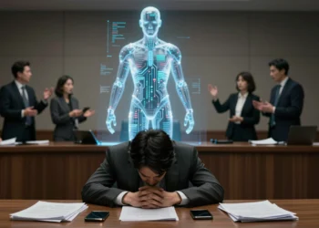 Cuando la IA "piensa" y "siente", alguien sale ganando — y no son las víctimas 8 Holograma de IA domina una sala judicial mientras una víctima humana queda en sombras con documentos legales