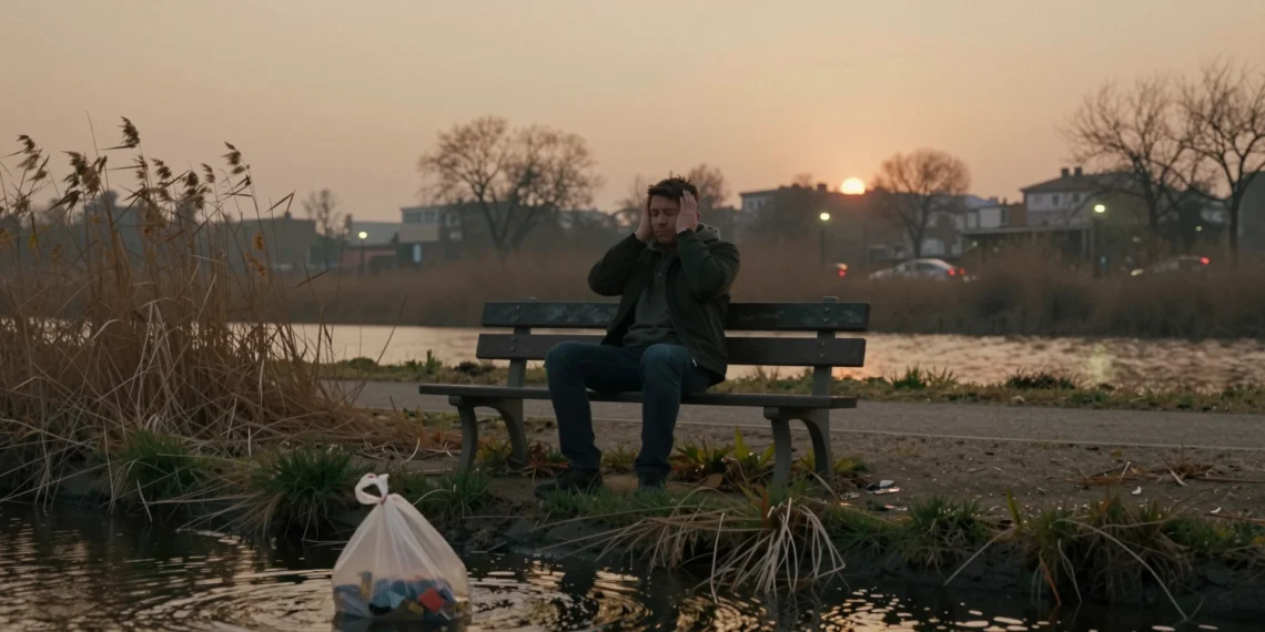Más allá del humo y la basura: la contaminación ambiental tiene formas que pasan desapercibidas cada día 1 Parque urbano contaminado con smog, plásticos en río turbio y persona agobiada por el ruido al atardecer