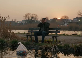 Más allá del humo y la basura: la contaminación ambiental tiene formas que pasan desapercibidas cada día 4 Parque urbano contaminado con smog, plásticos en río turbio y persona agobiada por el ruido al atardecer