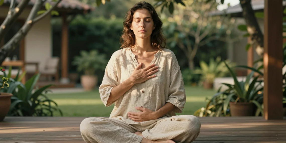 Salud holística: el enfoque integral que redefine qué significa estar verdaderamente sano 1 Mujer practicando mindfulness en una terraza de madera soleada rodeada de vegetación, representando la salud holística