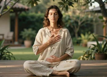 Salud holística: el enfoque integral que redefine qué significa estar verdaderamente sano 7 Mujer practicando mindfulness en una terraza de madera soleada rodeada de vegetación, representando la salud holística