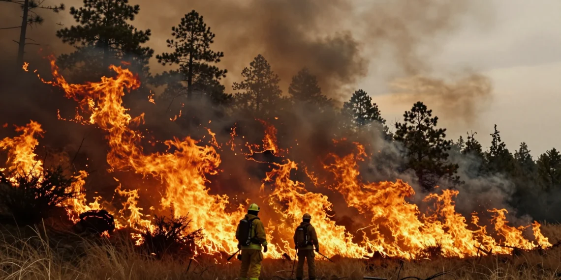 Detrás de cada incendio forestal hay una cadena de factores que los bomberos luchan por comprender a tiempo 1 Bombero forestal solitario frente a una gran pared de llamas naranjas en un bosque de pinos con combustible escalonado