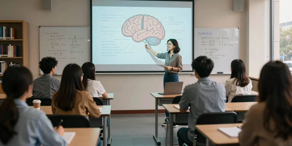 Conocer cómo aprende el cerebro está cambiando la forma en que los docentes diseñan sus clases 1 Docente señalando un diagrama del cerebro proyectado en un aula universitaria ante estudiantes adultos
