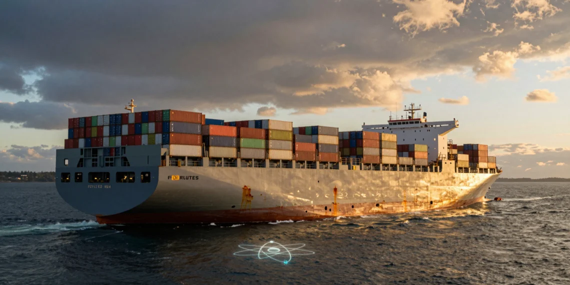 Estados Unidos acogerá el lanzamiento de ATLAS, la gran apuesta nuclear para transformar el transporte marítimo mundial 1 Buque de carga moderno navegando en océano abierto al atardecer con contenedores, símbolo del transporte marítimo nuclear