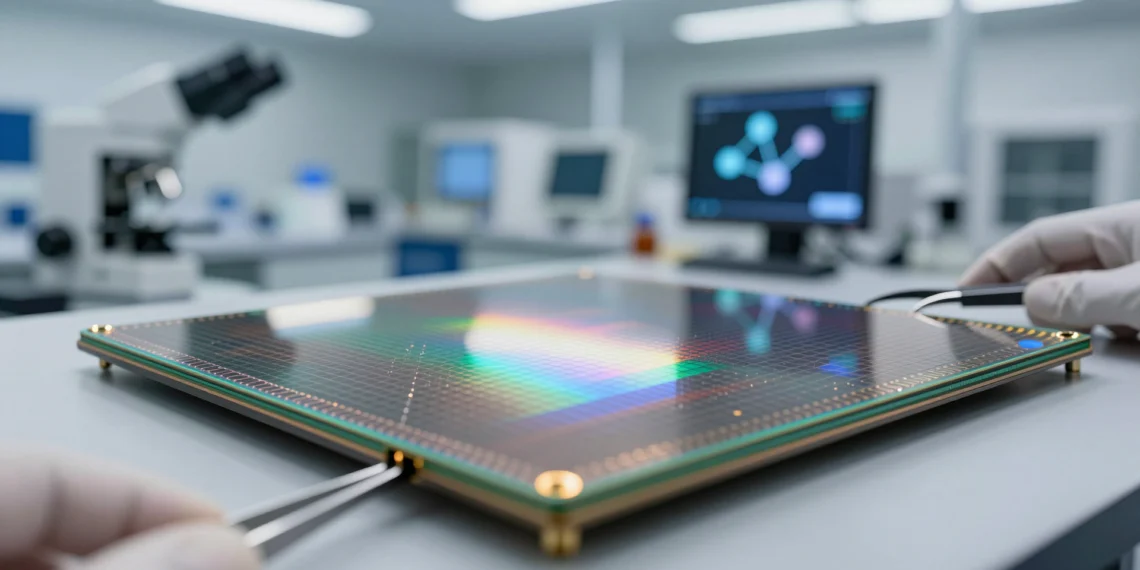 Una capa de 0,42 nanómetros podría abrir la puerta a los transistores del futuro, más allá del silicio 1 Oblea de silicio con patrones iridiscentes en laboratorio de semiconductores, mano con guante sosteniendo pinzas de precisión